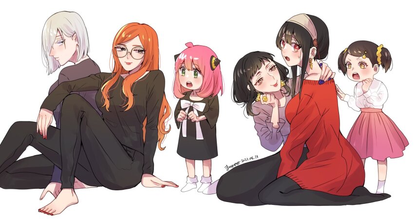 anya_(spy_x_family) becky_blackbell black_hair blush breasts closed_mouth colored_eyelashes dress earrings fiona_frost hair_over_one_eye hairband hairpods highres jewelry large_breasts long_hair looking_at_viewer melinda_desmond multiple_girls open_mouth pink_hair red_eyes short_hair smile spy_x_family sweater sylvia_sherwood umini_ikukara white_hair yor_briar yuri