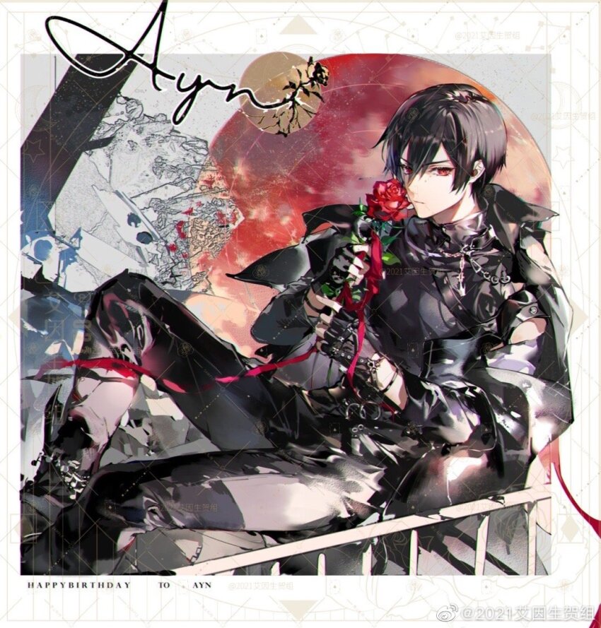 1boy ayn_alwyn belt black_belt black_gloves black_hair black_jacket black_pants black_shirt border branch character_name chinese_commentary closed_mouth commentary english_commentary expressionless feet_out_of_frame fingerless_gloves flower full_moon gloves hair_between_eyes happy_birthday holding holding_flower jacket jewelry long_sleeves looking_at_viewer lovebrush_chronicles male_focus mixed-language_commentary moon necklace nevakuma_(fanfanas) open_clothes open_jacket outside_border pants red_eyes red_flower red_moon red_ribbon red_rose ribbon rock rose second-party_source shirt short_hair sideways_glance single_off_shoulder sitting sleeveless sleeveless_turtleneck solo turtleneck v-shaped_eyebrows watermark weibo_watermark white_border