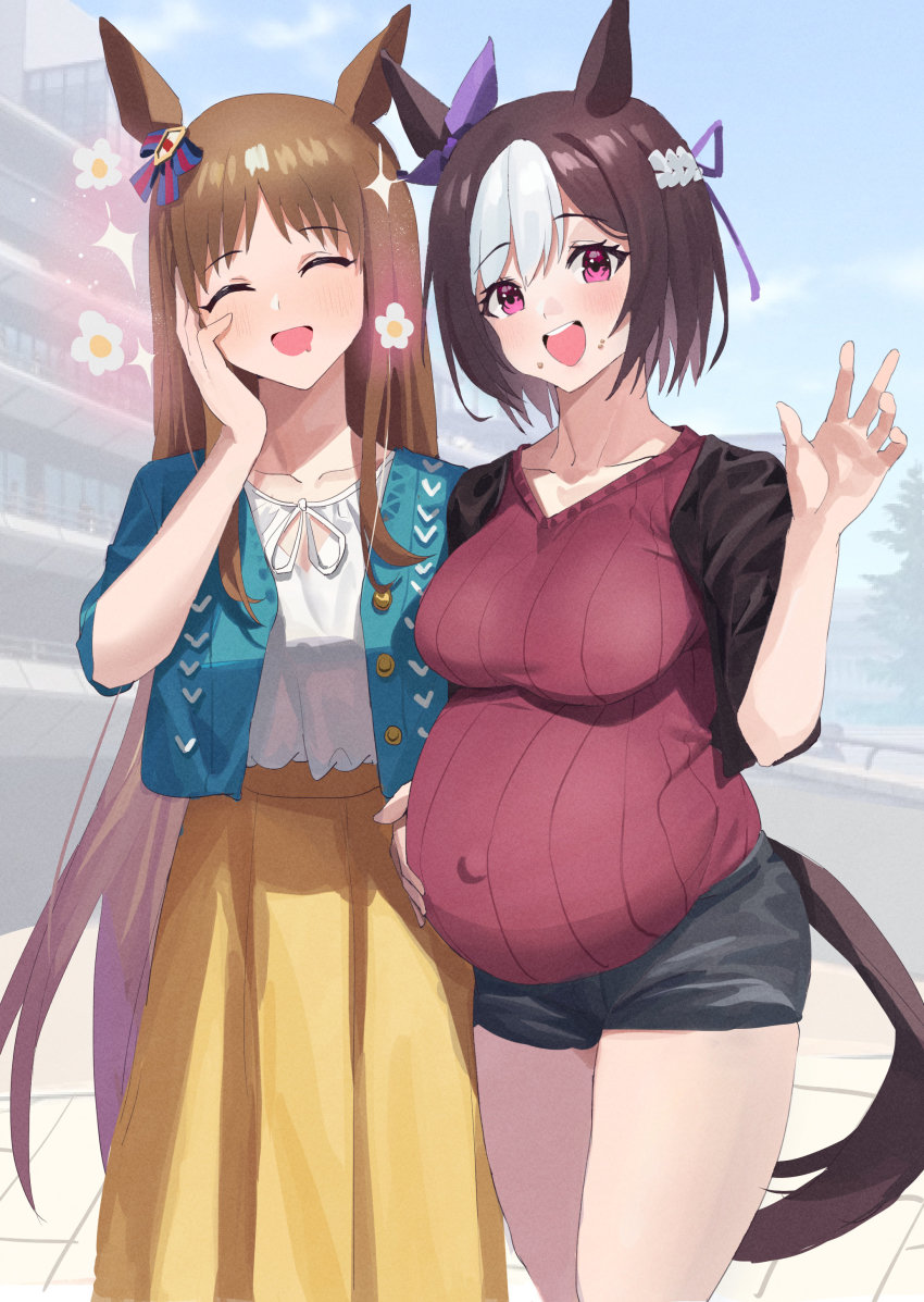 2girls :d absurdres animal_ears black_jacket blue_jacket bow braid breasts brown_hair commentary_request cowboy_shot drooling ear_ribbon eyes_visible_through_hair facing_viewer feipin_zhanshi flower food food_on_face full_stomach grass_wonder_(umamusume) hair_flower hair_ornament hand_on_own_cheek hand_on_own_face highres horse_ears horse_girl horse_tail inflation jacket large_breasts long_hair looking_at_viewer mouth_drool multicolored_hair multiple_girls open_clothes open_jacket open_mouth pleated_skirt purple_hair purple_ribbon red_sweater ribbon shirt short_hair short_shorts shorts skirt smile sparkle special_week_(umamusume) standing streaked_hair sweater tail umamusume very_long_hair white_flower white_hair white_shirt yellow_skirt