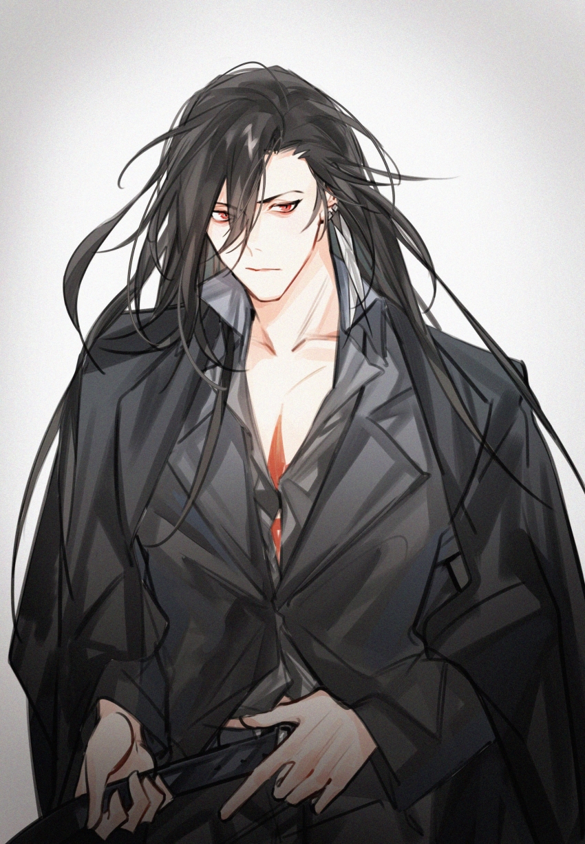 1boy absurdres adjusting_belt alternate_costume azha8 belt black_belt black_hair black_jacket black_pants black_shirt button_gap chest_tattoo closed_mouth collarbone collared_shirt cowboy_shot earrings feather_earrings feathers frown hair_between_eyes highres jacket jacket_on_shoulders jewelry lianhua_blood_duck_(the_tale_of_food) long_hair long_sleeves looking_at_viewer male_focus pants partially_unbuttoned red_eyes shirt side_part simple_background solo tattoo the_tale_of_food untucked_shirt white_background
