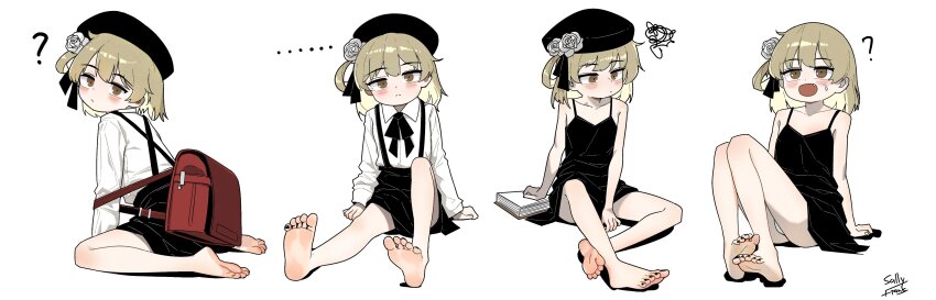 ... 1girl ? absurdres artist_name backpack bag bare_arms bare_shoulders barefoot beret black_dress black_nails black_ribbon black_skirt blonde_hair blush brown_eyes commentary dress feet flower from_side hair_flower hair_ornament hair_ribbon hat hatoba_tsugu highres knees_up leaning_forward multiple_expressions nail_polish neck_ribbon panties randoseru reference_sheet ribbon rose sally_v_frank shirt signature simple_background sitting skirt soles solo squiggle suspender_skirt suspenders sweatdrop toenail_polish toenails toes tsugu_(vtuber) underwear wariza white_background white_flower white_panties white_rose white_shirt