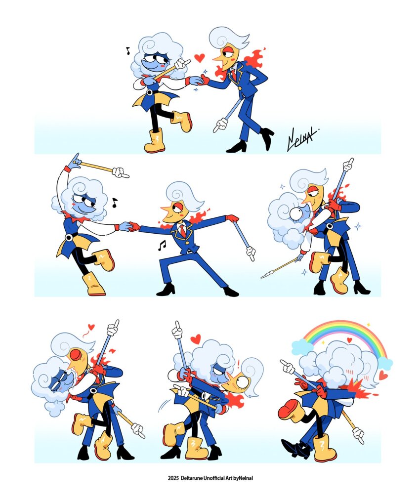 ! 1boy 1girl belt black_belt black_eyes black_leggings black_shoes blue_jacket blue_pants blue_skin blush blush_stickers boots collared_shirt colored_skin commentary couple dancing deltarune dress elnina_(deltarune) fire full_body heart hetero highres holding holding_hands holding_pointer implied_kiss interlocked_fingers jacket lanino_(deltarune) leggings medium_hair multiple_views musical_note necktie nelnal pants pointer rainbow red_necktie rubber_boots shirt shoes short_hair signature single_blush_sticker smile sparkle symbol-only_commentary utdr_(toby_fox) white_hair white_shirt yellow_boots yellow_skin