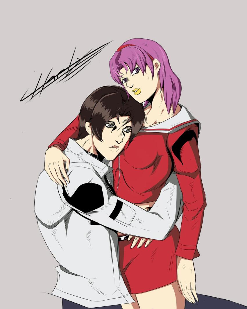 1boy 1girl asamiya_athena charlyarts highres hug jacket jojo_no_kimyou_na_bouken kusanagi_kyou psycho_soldier purple_eyes purple_hair shorts snk the_king_of_fighters white_jacket