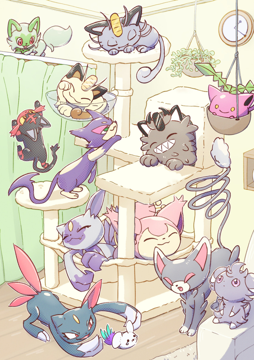 alolan_form alolan_meowth cat_day cat_tower clock closed_eyes closed_mouth commentary_request espurr galarian_form galarian_meowth game_freak gen_1_pokemon gen_2_pokemon gen_3_pokemon gen_4_pokemon gen_5_pokemon gen_6_pokemon gen_7_pokemon gen_8_pokemon glameow highres hisuian_sneasel hoppip indoors litten meowth murase_(muraselelait) nintendo no_humans open_mouth plant pokemon pokemon_(creature) potted_plant purple_eyes purrloin red_eyes skitty smile sneasel sprigatito tandemaus yellow_eyes