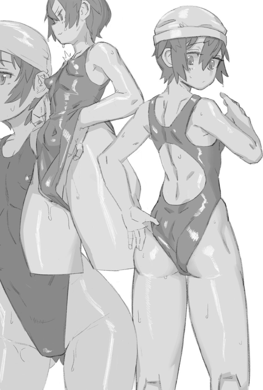 1girl adjusting_clothes adjusting_swimsuit ass back back_cutout breasts clothing_cutout competition_swimsuit greyscale groin highres hutamaru kino_(kino_no_tabi) kino_no_tabi monochrome multiple_views one-piece_swimsuit short_hair small_breasts swim_cap swimsuit