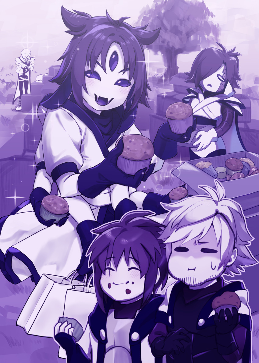 2girls 4boys :d :i ^_^ absurdres alternate_universe ama_(pixiv_50406250) android antenna_hair bag blank_eyes box brothers cape cardboard_box chara_(undertale) chinese_commentary closed_eyes closed_mouth commentary commentary_request eating english_commentary extra_arms extra_eyes facial_hair fangs food food_on_face frisk_(undertale) gloves hair_over_one_eye highres holding holding_bag holding_box holding_food hood hood_down hooded_jacket jacket looking_at_viewer mechanical_arms mettaton mettaton_ex mixed-language_commentary monochrome muffet muffin multiple_boys multiple_girls one_eye_covered open_clothes open_jacket open_mouth outdoors papyrus_(undertale) puffy_short_sleeves puffy_sleeves purple_theme sans_(undertale) scar scar_across_eye scar_on_face short_hair short_sleeves siblings skeleton skin_fangs sky smile sparkle sweatdrop tongue tree two_side_up undertale xtale