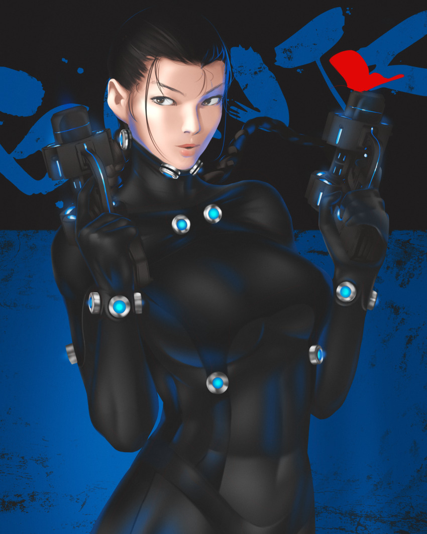 1girl absurdres artist_request blue_background blue_eyes blue_hair bodysuit braid breasts gantz gun highres holding holding_gun holding_weapon large_breasts lipstick long_hair looking_at_viewer makeup matching_hair/eyes nipples sakuraoka_sei simple_background solo standing two-tone_background weapon wide_hips