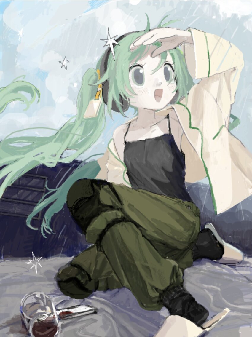 1girl alternate_costume black_camisole black_socks camisole cloud cloudsurf_(vocaloid) cloudy_sky day floating_hair green_eyes green_hair green_pants hatsune_miku headphones highres hitonatz knee_pads long_hair long_sleeves looking_to_the_side open_clothes open_mouth open_shirt outdoors pants pants_tucked_in shading_eyes shirt single_bare_shoulder sitting sitting_on_leg sky slippers smile socks solo spaghetti_strap sparkle twintails very_long_hair vocaloid white_shirt