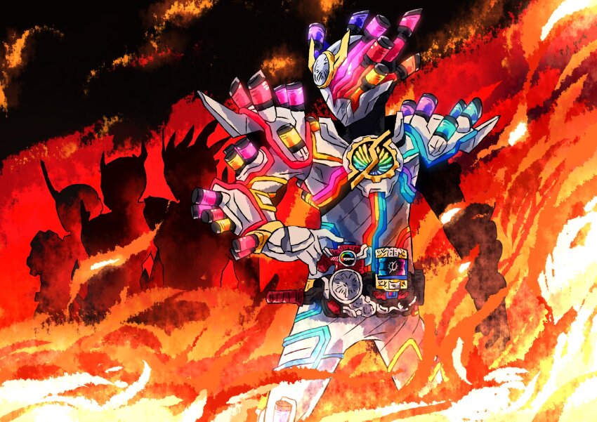 4boys armor black_armor blizzard_knuckle bodysuit build_driver crocodile crocodilian cross-z_magma dragon from_side fullbottle genius_form genius_fullbottle gloves glowing glowing_eyes grease_blizzard heterochromia highres horns kamen_rider kamen_rider_build kamen_rider_build_(series) kamen_rider_cross-z kamen_rider_grease kamen_rider_rogue male_focus multiple_boys orange_bodysuit orange_eyes otokamu pink_eyes planet plant purple_armor purple_eyes red_eyes science_fiction shadow shoulder_armor shoulder_spikes silhouette single_horn solo_focus space spiked_armor spikes tokusatsu yellow_armor yellow_eyes