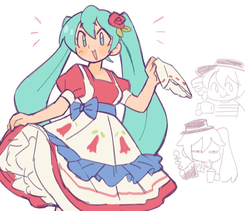 3girls akita_neru apron aqua_eyes aqua_hair blue_sash chile chilean_dress closed_mouth dress drill_hair floral_print floral_print_dress flower hair_flower hair_ornament handkerchief hat hatsune_miku highres holding holding_handkerchief kasane_teto koipo_(fungikoi) latin_american_hatsune_miku_(meme) long_hair multiple_girls open_mouth print_dress puffy_short_sleeves puffy_sleeves red_dress red_flower red_rose rose sash short_sleeves side_ponytail smile solo_focus triple_baka_(vocaloid) twin_drills twintails utau very_long_hair vocaloid white_apron worldwide_miku