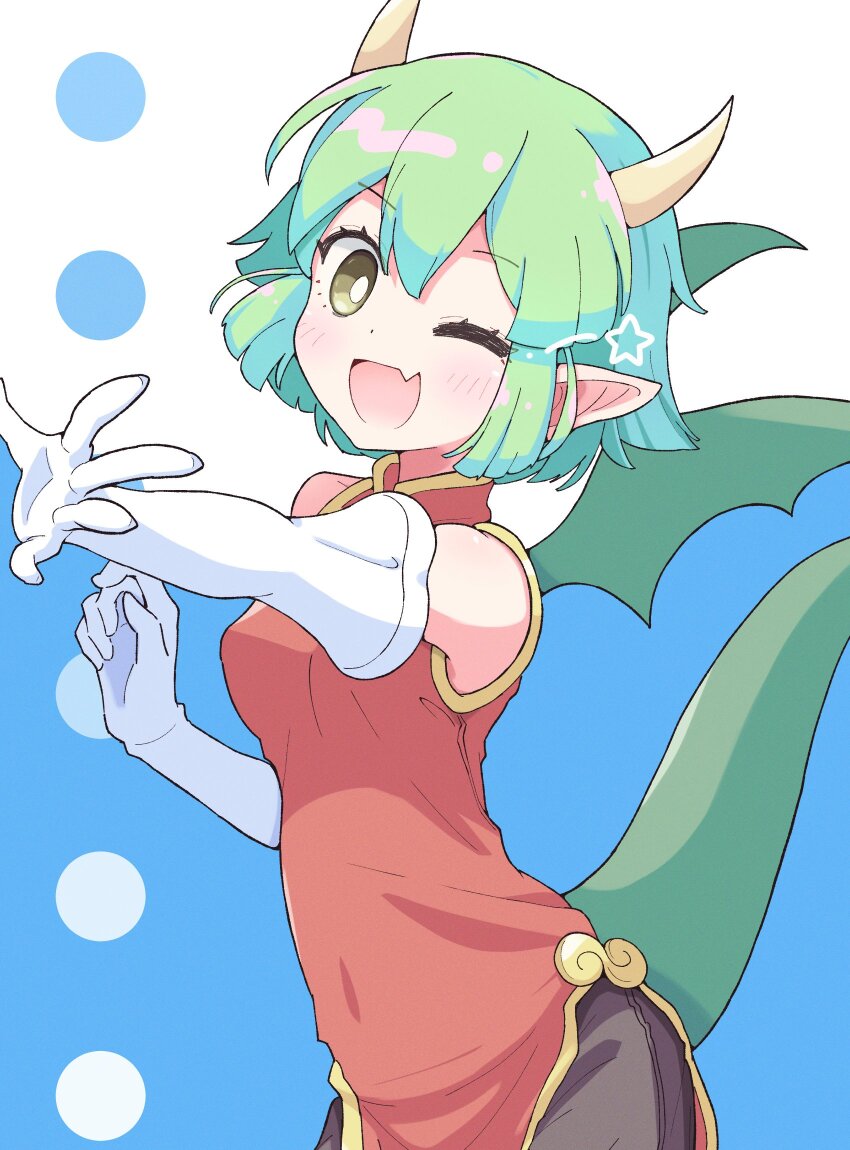 1girl :d bright_pupils china_dress chinese_clothes draco_centauros dragon_girl dragon_horns dragon_tail dragon_wings dress elbow_gloves fang gloves green_hair highres horns jazz_grace looking_at_viewer madou_monogatari multicolored_background one_eye_closed open_mouth outstretched_arm pants pants_under_dress pointy_ears puyopuyo red_dress skin_fang sleeveless sleeveless_dress smile solo star_(symbol) tail white_gloves white_pupils wings