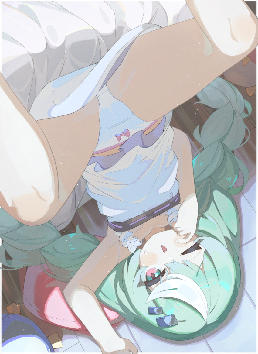 1girl bow bow_panties braid commentary dress green_hair highres kattowu loli long_hair nazuna_(stella_sora) one_eye_closed panties pink_eyes solo stella_sora twin_braids underwear upside-down white_dress white_panties