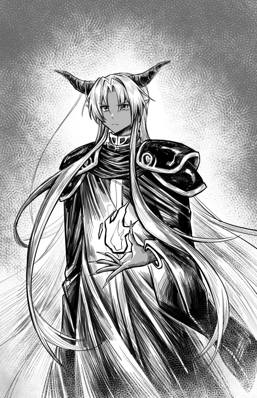 1boy ancient_ys_vanished arkibk armor black_robe bracelet closed_mouth commentary_request dark_fact fingernails grey_background greyscale highres holding_flame horns jewelry long_hair looking_ahead male_focus monochrome pauldrons robe sharp_fingernails shoulder_armor solo v-shaped_eyebrows very_long_hair ys