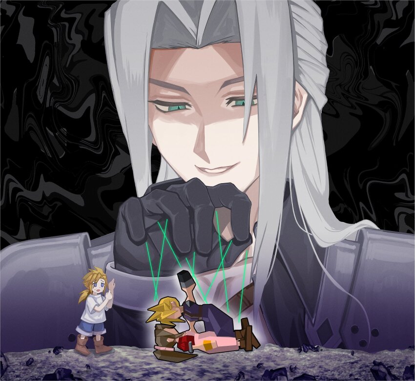 3boys aerith_gainsborough age_comparison aqua_eyes armor baggy_pants black_gloves black_jacket blonde_hair blue_eyes blue_pants blue_shorts boots brown_boots brown_hair cloud_strife crying dress final_fantasy final_fantasy_vii gloves grey_hair hair_ribbon half-closed_eyes hand_up highres jacket keiseki1 long_bangs long_dress long_hair low_poly low_ponytail marionette multiple_boys open_mouth pants parted_bangs parted_lips pauldrons pink_dress pink_ribbon pinned ponytail puffy_short_sleeves puffy_sleeves puppet red_jacket ribbon sephiroth shirt short_hair short_sleeves shorts shoulder_armor sidelocks slit_pupils smile spiked_hair suspenders t-shirt tears white_shirt