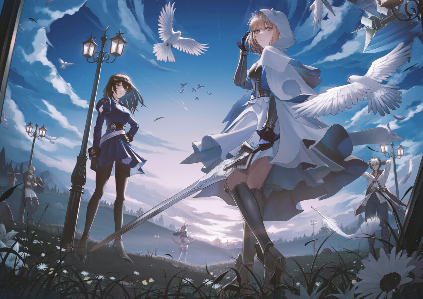 absurdres armored_boots arms_behind_head bird boots bow_(weapon) brown_dust_(series) brown_dust_2 crossed_arms dawn flower grass gray_(brown_dust) highres holding holding_bow_(weapon) holding_sword holding_weapon hood hooded_jacket jacket justia_(brown_dust) justia_(white_reaper)_(brown_dust) lamppost lathel_(brown_dust) liatris_(brown_dust) looking_at_viewer scheherazade_(brown_dust) scheherazade_(the_lapis_witch)_(brown_dust) sword tree weapon windmill