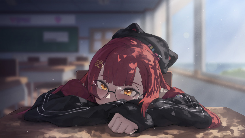 1girl absurdres arms_on_table beret black_hat black_hoodie blurry blush classroom commentary depth_of_field eien_001 english_commentary hat highres hood hoodie indoors light_particles long_hair looking_to_the_side nekota_tsuna paw_hair_ornament pink_hair round_eyewear solo virtual_youtuber vspo! yellow_eyes