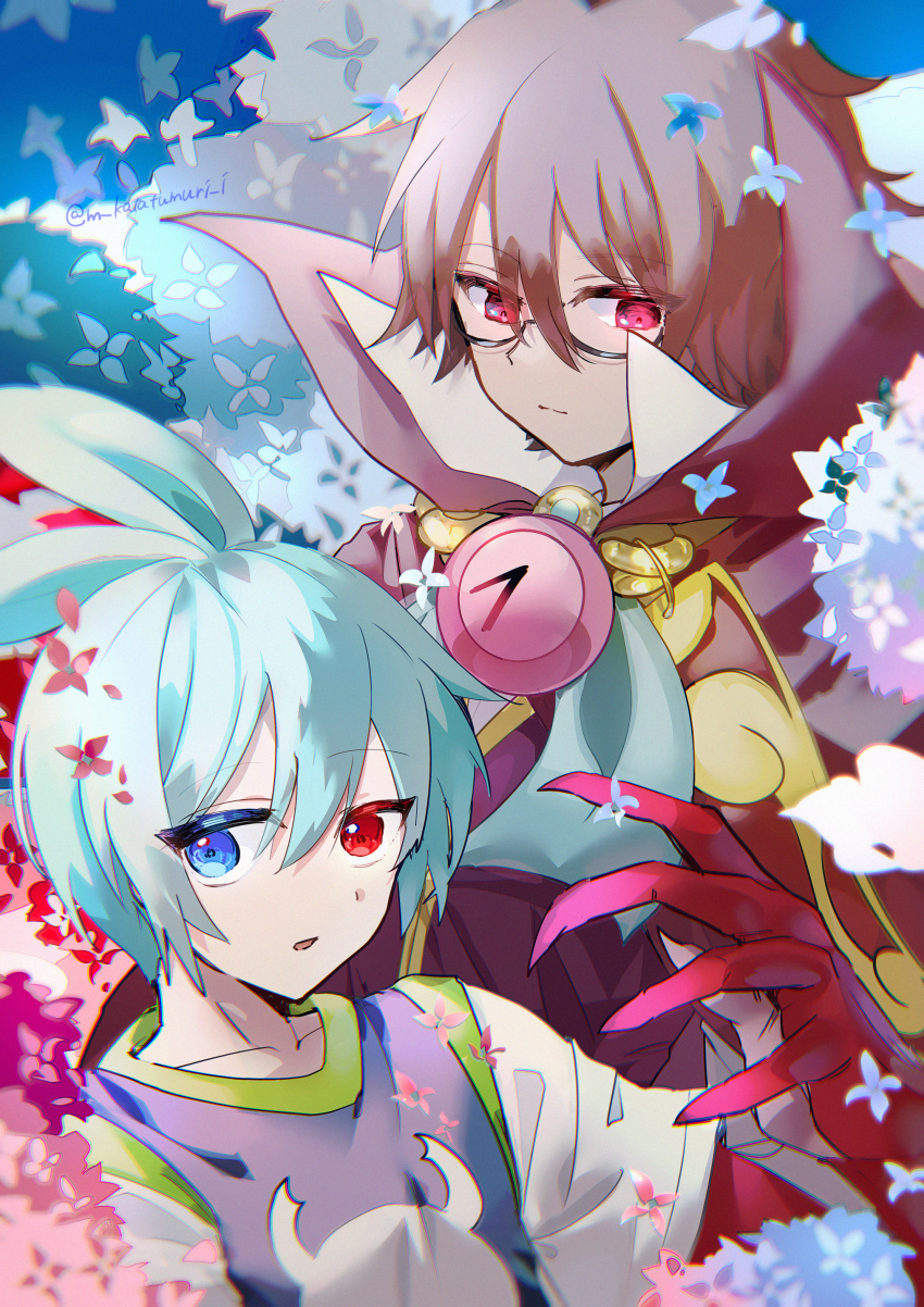 2boys absurdres blue_eyes blue_flower blue_hair brown_hair cape clock collarbone fingernails flower glasses hair_between_eyes heterochromia highres hydrangea katatsumuri_72 klug_(puyopuyo) male_focus multiple_boys puyopuyo puyopuyo_20th_anniversary puyopuyo_fever red_cape red_eyes red_flower semi-rimless_eyewear sharp_fingernails shirt sig_(puyopuyo) strange_klug t-shirt twitter_username