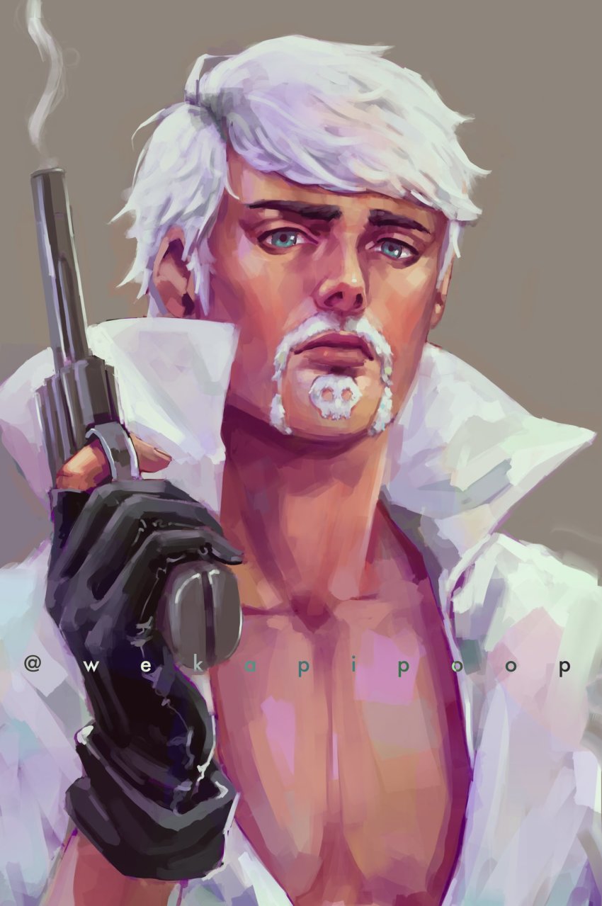 1boy beard black_gloves blue_eyes brown_background facial_hair gloves gun handgun highres jojo_no_kimyou_na_bouken male_focus pectoral_cleavage pectorals ringo_roadagain short_hair smoke solo steel_ball_run weapon zookhini