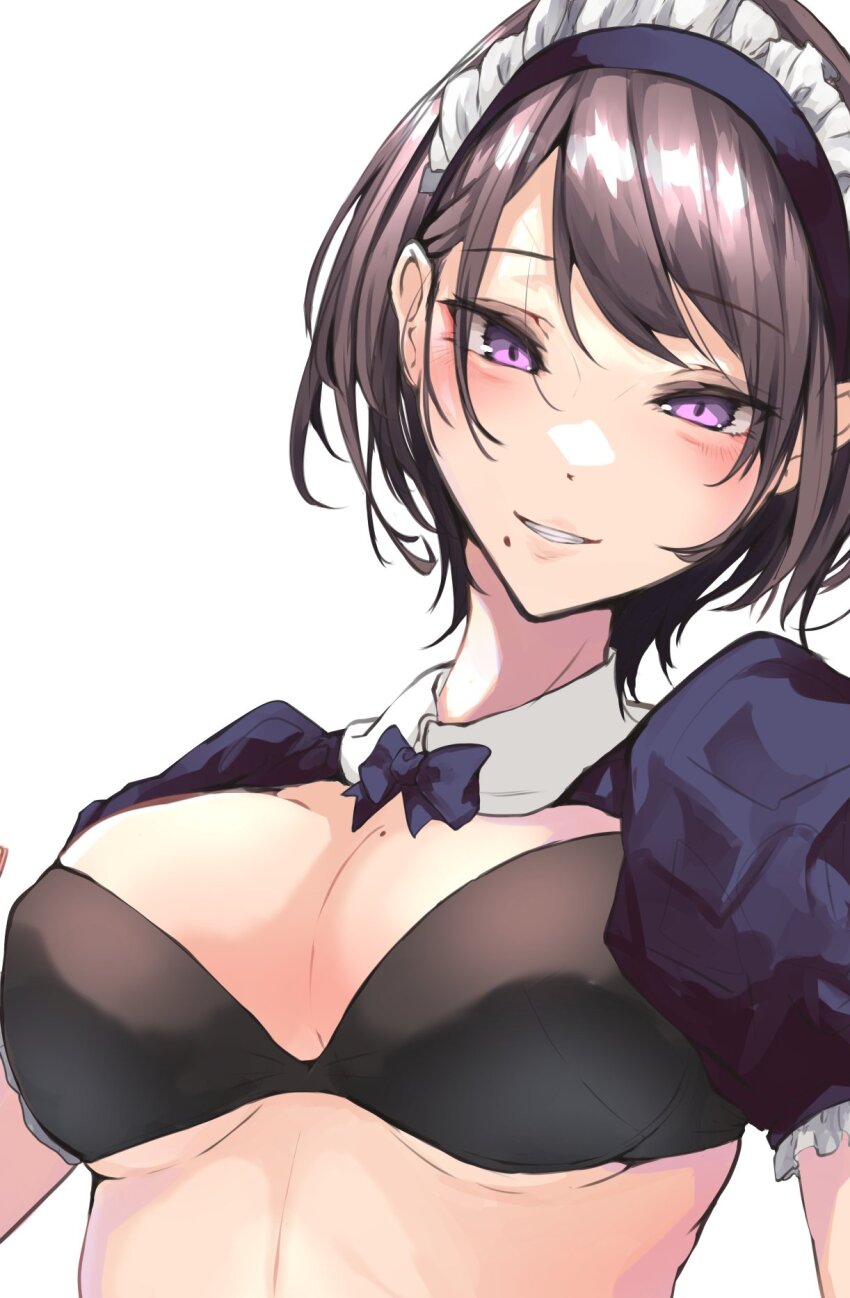 1girl akiyama_cz4a black_bra blue_bow blush bow bra breasts character_name cleavage clenched_teeth collar cuffs detached_collar detached_sleeves frilled_sleeves frills grin hair_between_eyes head_tilt headband highres looking_at_viewer maid maid_headdress mole mole_on_breast mole_under_mouth narrowed_eyes navel original panties puffy_sleeves purple_eyes slit_pupils smile solo teeth underboob underwear white_background