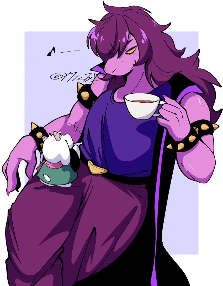 1boy 1girl armlet bracelet buckle colored_skin cup deltarune fingernails furry furry_female goat_boy heart heart-shaped_buckle highres holding holding_cup jewelry mini_person miniboy miz7xf purple_hair purple_skin ralsei reptile_girl sharp_fingernails smile spiked_armlet spiked_bracelet spikes susie_(dark_world)_(deltarune) susie_(deltarune) teacup