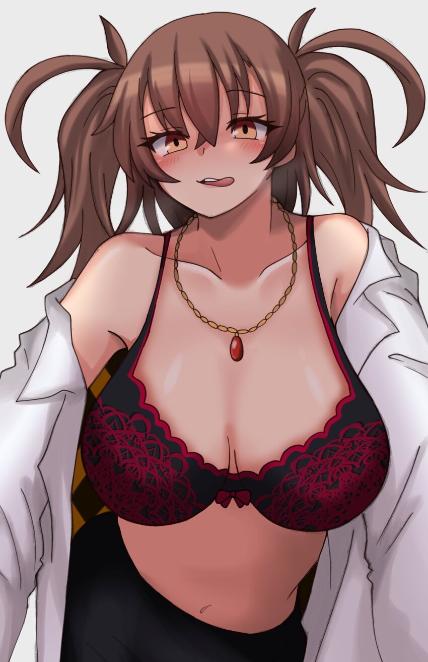 1girl artist_request blush bra breasts brown_hair collar dr._arach highres large_breasts long_hair looking_at_viewer navel smile tongue tongue_out tsukihime tsukihime_(remake) underwear white_background