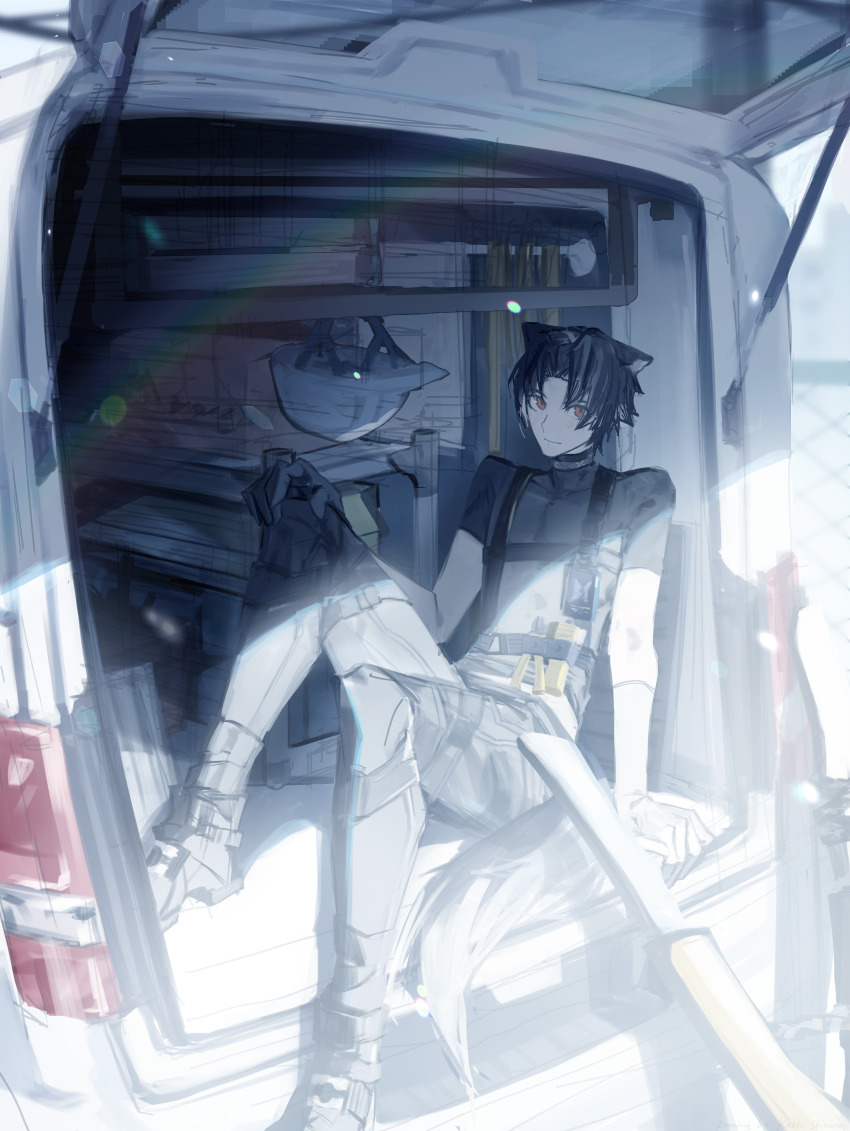 1boy absurdres animal_ears arknights black_boots black_hair black_pants black_shirt boots closed_mouth commentary dog_boy dog_ears dog_tail gloves highres id_card infection_monitor_(arknights) knees_up looking_at_viewer male_focus motor_vehicle orange_eyes outdoors pants shinonoi_kekki shirt short_hair short_sleeves sitting smile solo tail tool_belt van windflit_(arknights) wire_cutters