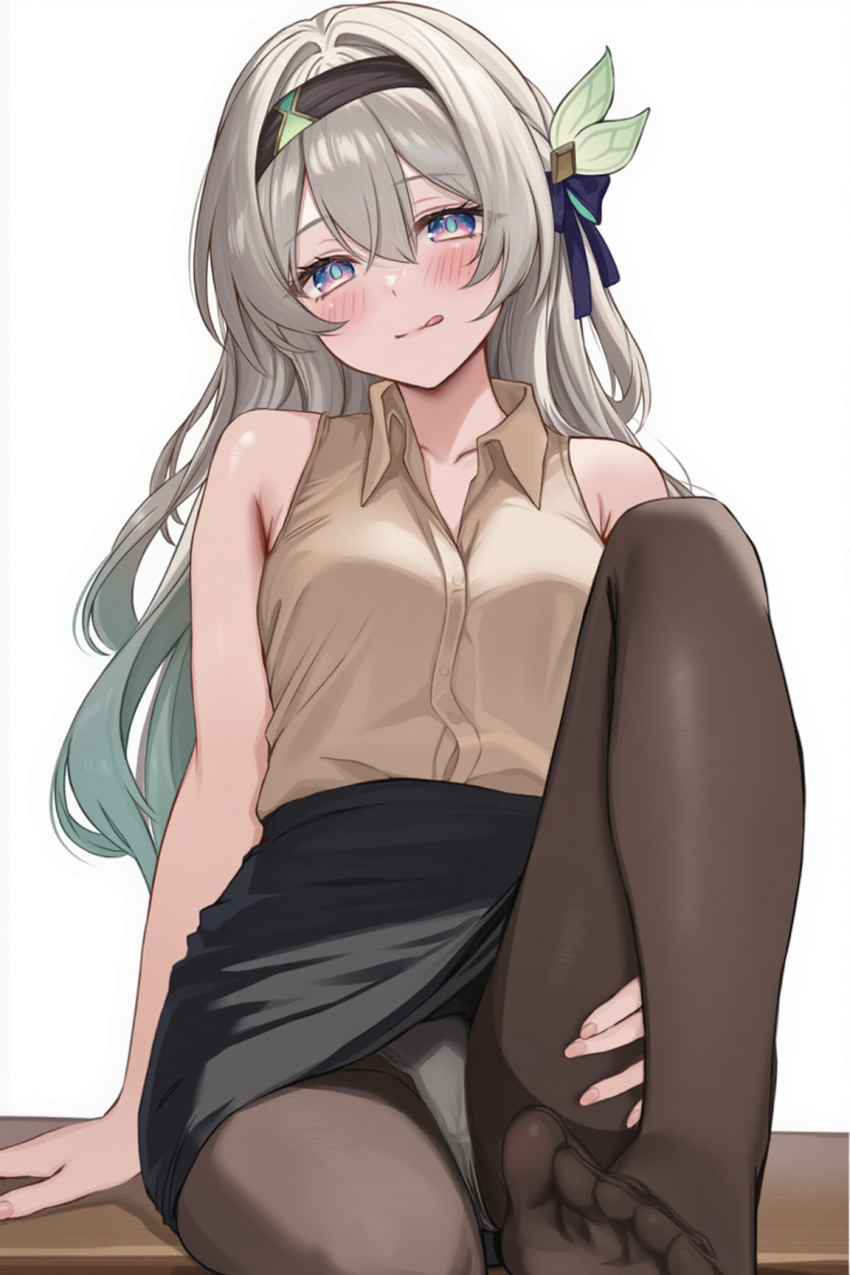 1girl alternate_costume arm_support black_hairband blush breasts collared_shirt firefly_(honkai:_star_rail) gradient_hair green_pupils grey_hair hair_between_eyes hair_intakes hair_ornament hairband high-waist_skirt highres honkai:_star_rail honkai_(series) leg_up licking_lips long_hair looking_at_viewer multicolored_eyes multicolored_hair panties pantyhose pantyshot shirt sitting skirt sleeveless solo tongue tongue_out two-tone_eyes underwear white_panties yukino110802