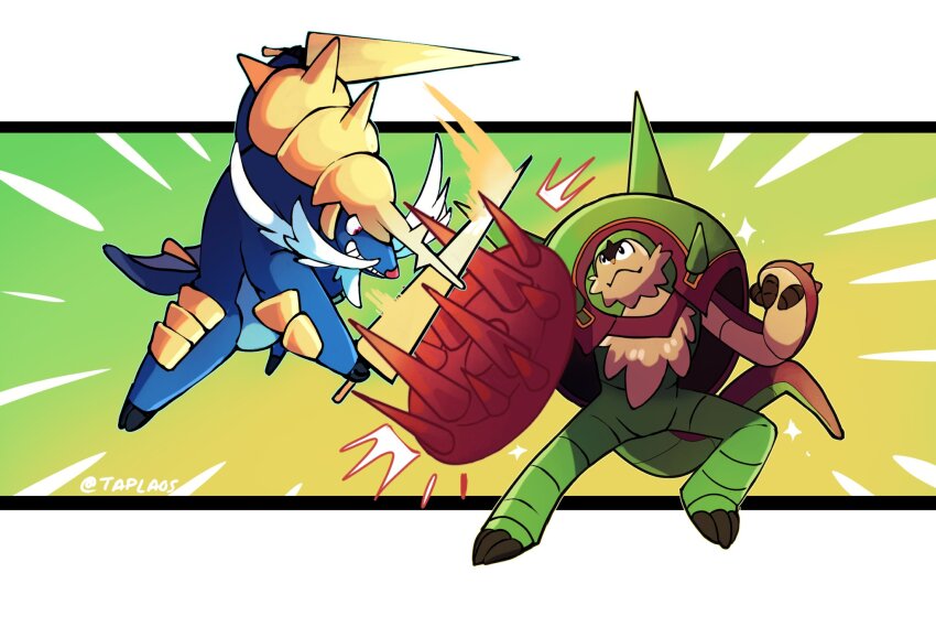 alternate_color armor chesnaught dual_wielding facial_hair fur gen_5_pokemon gen_6_pokemon grey_background helmet highres holding holding_weapon nintendo no_humans pokemon samurott seashell shell shield shield_module shiny_pokemon spikes sword tail taplaos warrior weapon whiskers