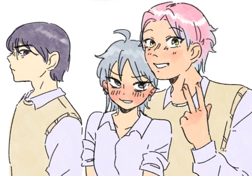 1girl 2boys alien_stage black_eyes black_hair blue_hair collared_shirt commentary genderswap genderswap_(ftm) genderswap_(mtf) grey_hair mizi_(alien_stage) motii multicolored_hair multiple_boys pink_hair shirt short_hair simple_background sleeves_rolled_up smile sua_(alien_stage) sweater_vest till_(alien_stage) two-tone_hair v very_short_hair white_background white_shirt yellow_eyes yellow_sweater_vest