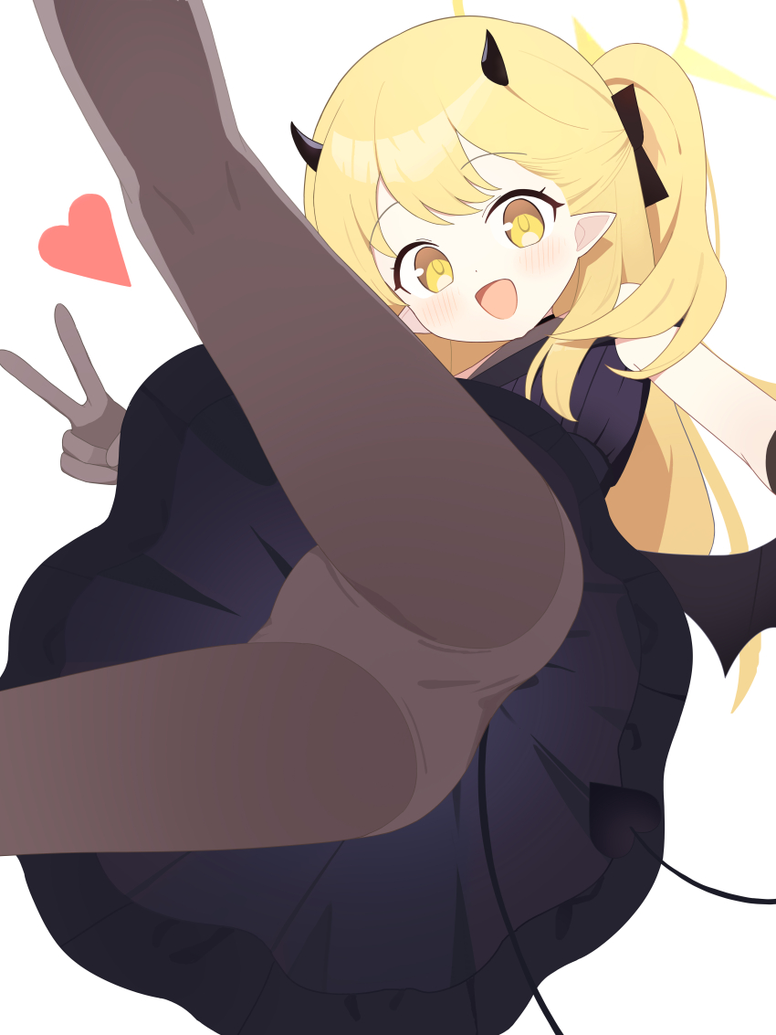 1girl absurdres black_dress black_horns black_pantyhose black_tail black_wings blonde_hair blue_archive demon_girl demon_horns demon_tail demon_wings dress from_below halo heart highres horns ibuki_(blue_archive) ibuki_(dress)_(blue_archive) loli long_hair looking_at_viewer mou_banlangen official_alternate_costume open_mouth panties panties_under_pantyhose pantyhose pointy_ears revision side_ponytail simple_background smile solo tail underwear v white_background wings yellow_eyes yellow_halo