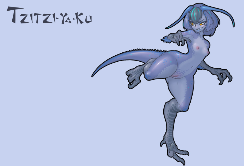 1girl antennae aqua_hair arm_up armpit_crease bare_shoulders black_hair blue_background blue_hair breasts clawed_feet clawed_hands commentary_request completely_nude copyright_name grey_claws highres korean_commentary lizard_tail looking_to_the_side medium_breasts monster_girl monster_hunter:_world monster_hunter_(series) muhut navel nipples nude orange_eyes personification reptile_girl running small_breasts smirk solo stomach tail thick_thighs thighs tzitzi-ya-ku wide_hips