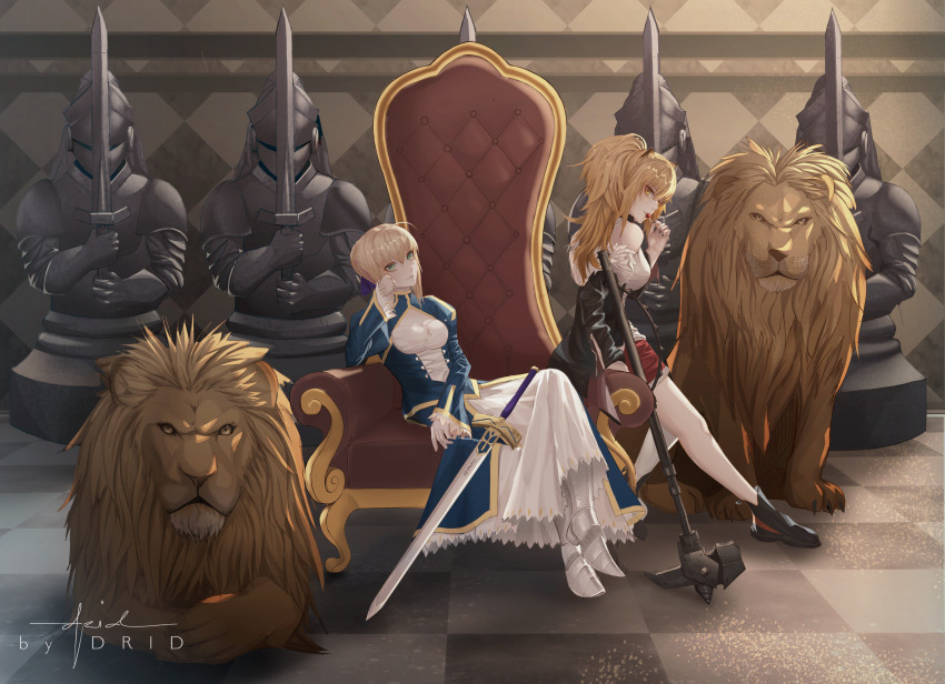 2girls absurdres ahoge arknights armor artist_name artoria_pendragon_(fate) bare_legs bare_shoulders black_jacket black_nails blonde_hair blue_dress blue_ribbon blue_skirt brown_eyes candy checkered_floor commentary dress drid english_commentary excalibur_(fate/stay_night) fate/grand_order fate/stay_night fate_(series) food from_side greaves green_eyes hair_between_eyes hair_ribbon hammer hand_up highres holding holding_food jacket juliet_sleeves kawasumi_ayako lion lollipop long_hair long_sleeves looking_at_viewer multiple_girls nail_polish off_shoulder open_clothes open_jacket parted_lips ponytail puffy_sleeves red_shorts revision ribbon saber_(fate) shadow shoes short_shorts shorts siege_(arknights) sitting sitting_on_throne skirt smile sword tank_top thighs throne voice_actor_connection weapon white_skirt white_tank_top wide_sleeves