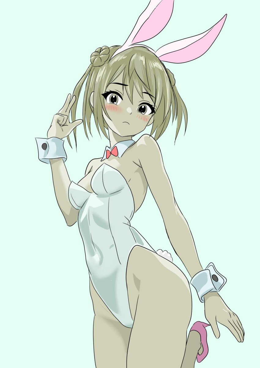 1girl animal_ears aqua_background bare_legs bone_namu(namu49850) bow bowtie breasts brown_eyes brown_hair cowboy_shot detached_collar donut_hair_bun fake_animal_ears hair_bun high_heels highleg highleg_leotard highres kantai_collection leotard looking_at_viewer michishio_(kancolle) playboy_bunny rabbit_ears rabbit_tail red_bow red_bowtie red_footwear short_hair simple_background small_breasts solo standing standing_on_one_leg strapless strapless_leotard tail white_leotard wrist_cuffs