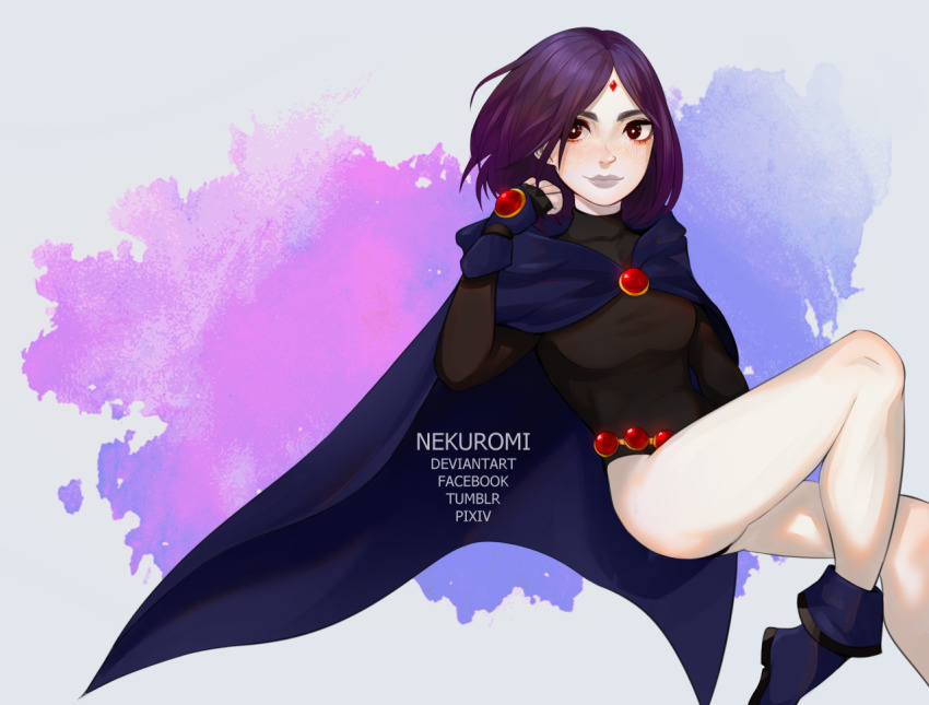 1girl artist_name black_eyes black_leotard boots cape commentary dc_comics english_commentary facial_mark forehead_mark leotard looking_at_viewer nekuromii purple_boots purple_cape purple_hair raven_(dc) short_hair sleeved_leotard solo teen_titans thighs