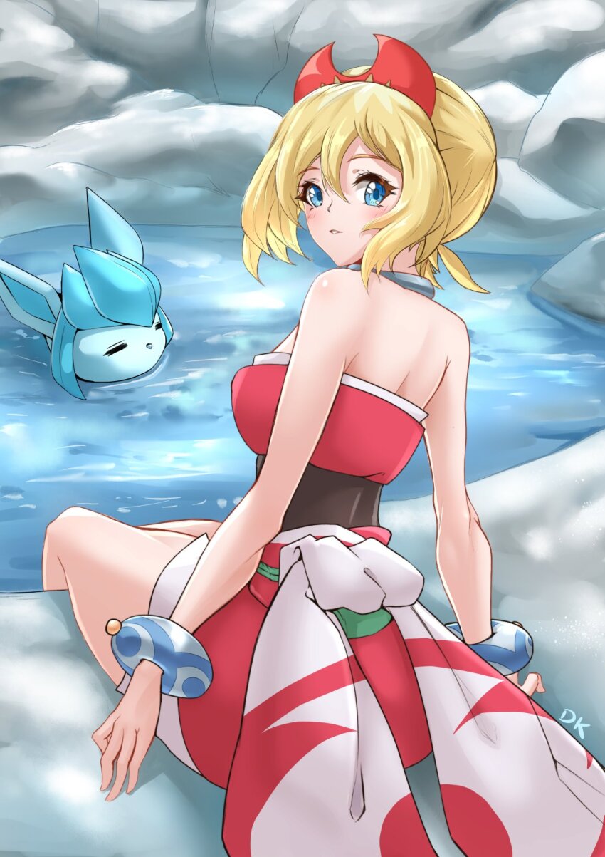 1girl blonde_hair blue_eyes deekei gen_4_pokemon glaceon highres irida_(pokemon) nintendo pokemon pokemon_(creature) pokemon_legends:_arceus short_hair