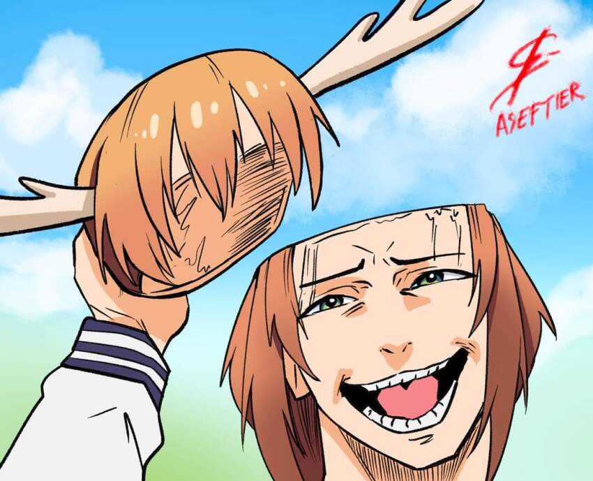 1girl antlers artist_name aseftier blue_sky brown_hair cloud commentary cosplay deer_antlers deer_girl disembodied_head getou_suguru getou_suguru_(kenjaku) horns jujutsu_kaisen kenjaku long_sleeves looking_at_viewer medium_hair open_mouth shikanoko_noko shikanoko_nokonoko_koshitantan shirt signature sky solo upper_body white_shirt