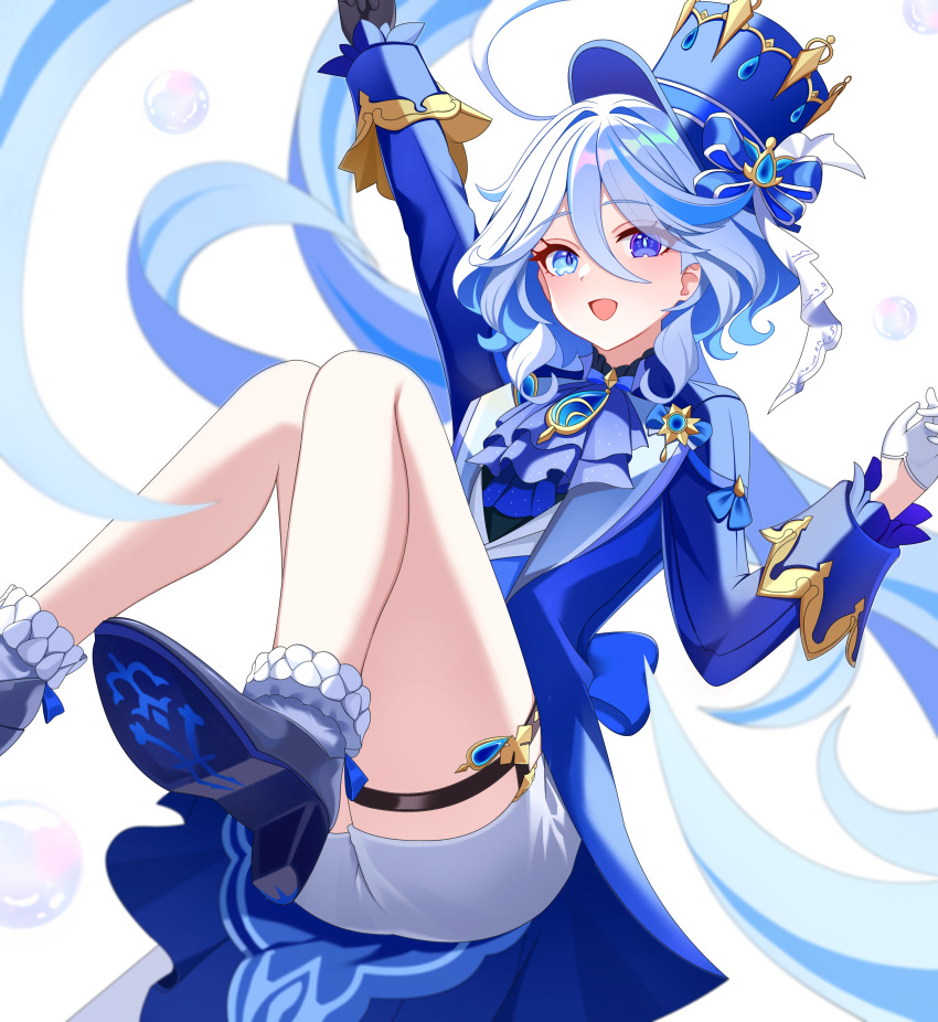 1girl absurdres arm_up ascot black_gloves blue_ascot blue_coat blue_eyes blue_footwear blue_hair blue_hat coat commentary_request furina_(genshin_impact) genshin_impact gloves hair_between_eyes hat heterochromia highres kenomotsu_yukuwa long_sleeves looking_at_viewer multicolored_hair open_mouth shorts smile solo streaked_hair thigh_strap thighs top_hat white_gloves white_shorts