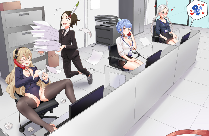 4girls absurdres ahoge alternate_costume badge black_choker black_hairband black_necktie blue_eyes blue_shirt braid brown_eyes brown_hair cabinet choker commission commissioner_upload computer_keyboard corrin_(female)_(fire_emblem) corrin_(fire_emblem) cubicle feather_hair file_cabinet fire_emblem fire_emblem:_three_houses fire_emblem_awakening fire_emblem_fates formal_clothes fujoshi hairband heart heart_in_eye highres igni_tion implied_pornography lanyard long_hair long_sleeves low_twin_braids low_twintails marianne_von_edmund mars_symbol monitor multiple_girls necktie nina_(fire_emblem) nintendo noire_(fire_emblem) non-web_source office_lady paper_stack parted_bangs printer shirt suit symbol_in_eye talking_on_phone tripping twin_braids twintails white_hair yaoi