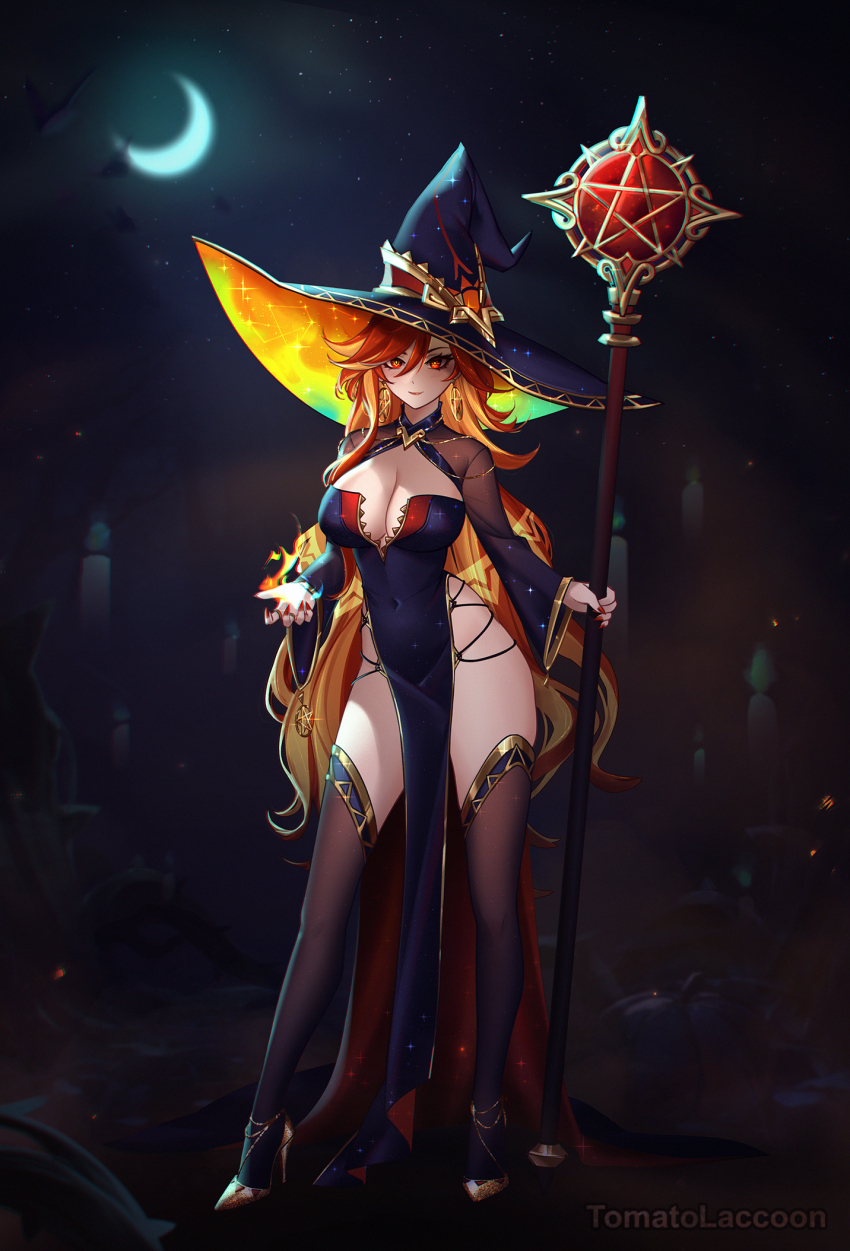 1girl alternate_costume black_dress black_hat black_thighhighs breasts cleavage commentary crescent_moon dress duplicate full_body genshin_impact hat high_heels highres holding holding_staff large_breasts long_dress long_hair long_sleeves looking_at_another mavuika_(genshin_impact) moon nail_polish orange_eyes orange_hair pelvic_curtain red_hair red_nails smile solo staff standing star_(symbol) symbol-only_commentary thighhighs tomatolaccoon very_long_hair witch_hat