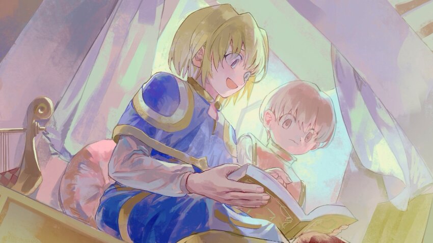 2boys bedroom blonde_hair blue_eyes book brown_hair curtains hair_between_eyes harp highres hunter_x_hunter instrument kinayone kurapika long_sleeves multiple_boys pairo red_eyes short_hair sidelocks smile window