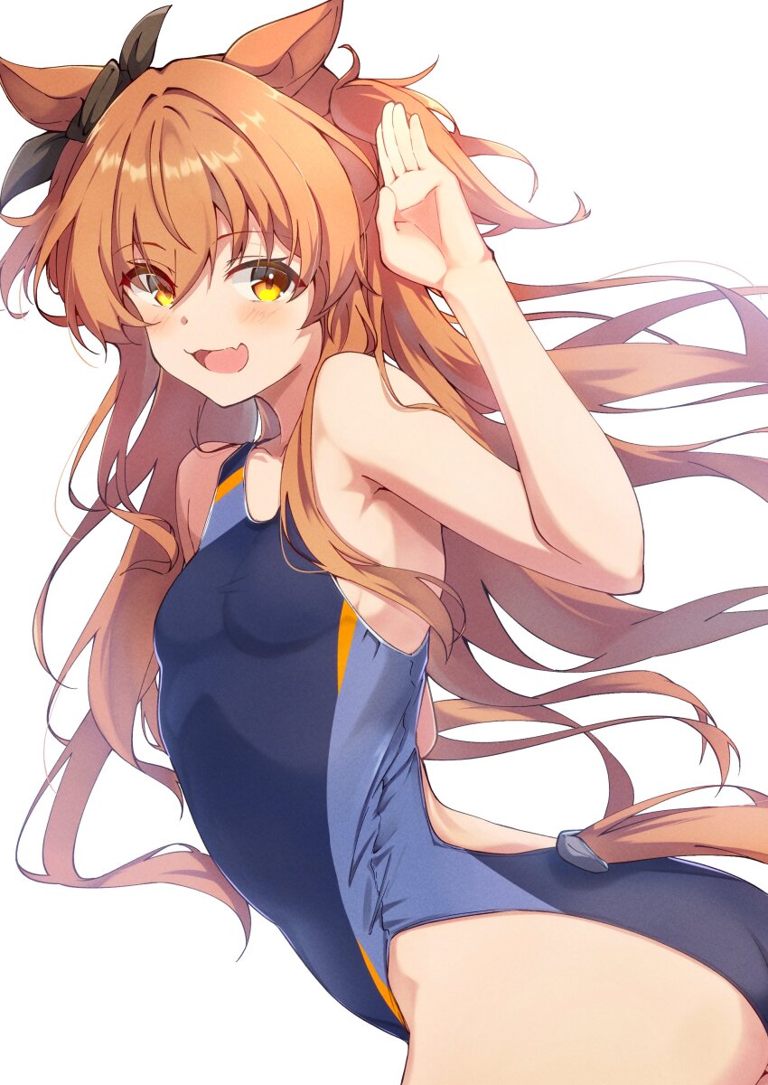 1girl :d absurdres alternate_costume animal_ears black_ribbon blue_one-piece_swimsuit blush bow breasts commentary_request competition_swimsuit ear_ribbon fang hand_up highres horse_ears horse_girl horse_tail looking_at_viewer mayano_top_gun_(umamusume) one-piece_swimsuit open_mouth pandoa_(mikage0495) ribbon simple_background skin_fang small_breasts smile solo swimsuit tail thighs two_side_up umamusume white_background yellow_eyes