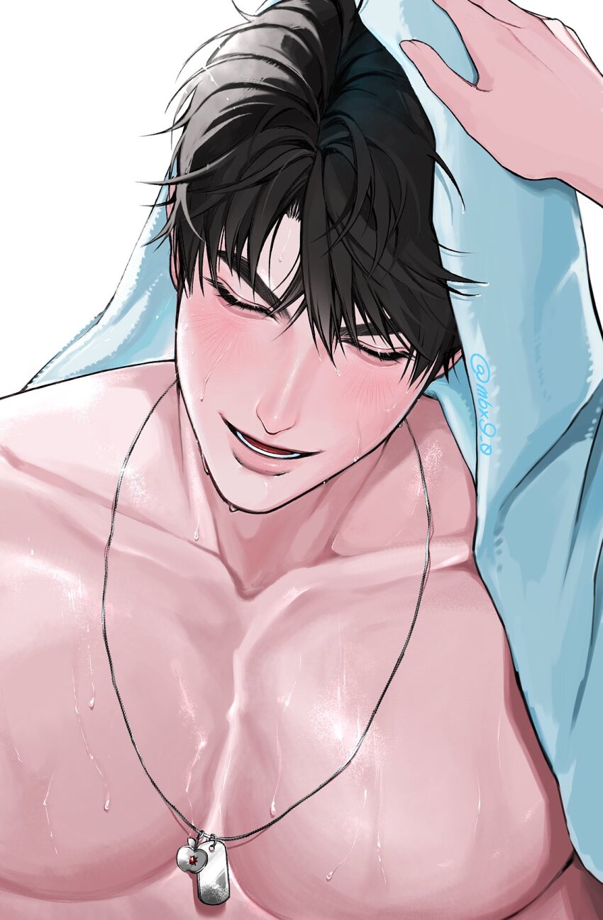 1boy black_hair blush closed_eyes collarbone commentary_request hand_on_another&#039;s_head highres jewelry large_pectorals lower_teeth_only male_focus mbx9_0 necklace nude open_mouth original parted_hair pectorals short_hair simple_background smile solo_focus teeth towel towel_on_head upper_body wet white_background