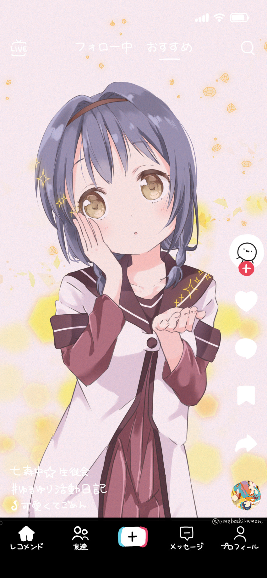 1girl absurdres black_sailor_collar blowing blue_hair braid brown_eyes brown_hairband collarbone crystal dress fake_phone_screenshot fake_screenshot furutani_himawari hair_intakes hairband hand_on_own_cheek hand_on_own_face hexagon highres kawaikute_gomen_(honeyworks) layered_sleeves light_particles long_sleeves looking_at_viewer mearian namori_(character) nanamori_school_uniform parted_lips pink_background pleated_dress red_dress sailor_collar school_uniform shirt short_over_long_sleeves short_sleeves sparkle tiktok twin_braids white_shirt yuruyuri