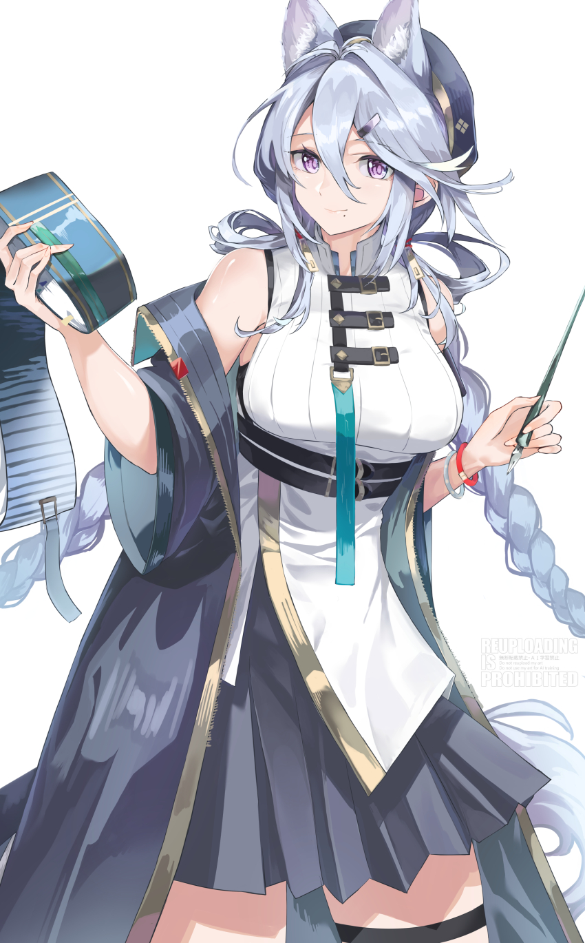 1girl absurdres animal_ear_fluff animal_ears arknights bare_shoulders belt belt_buckle beret black_belt black_hat black_jacket black_skirt bracelet braid breasts buckle cat_ears cat_girl cat_tail closed_mouth cowboy_shot extra_ears grey_hair hair_between_eyes hair_ornament hairclip hat high_belt highres holding holding_pen holding_scroll jacket jewelry large_breasts long_hair looking_at_viewer miniskirt mole mole_under_mouth multiple_belts pen pleated_skirt scroll shirt sidelocks skirt sleeveless sleeveless_shirt smile solo standing tail thigh_strap twin_braids white_shirt xingzhu_(arknights) yoru_honpo