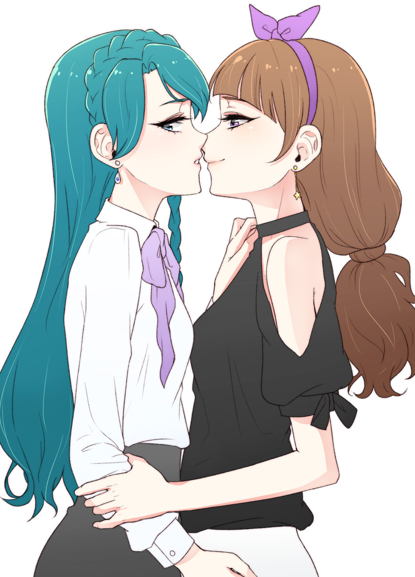 2girls amanogawa_kirara bamboo9545 black_shirt blue_eyes blue_hair bow bow_hairband bowtie braid brown_hair closed_mouth clothing_cutout commentary crown_braid earrings go!_princess_precure grey_skirt hairband highres holding_another&#039;s_wrist imminent_kiss jewelry kaidou_minami long_hair looking_at_another low-tied_long_hair multiple_girls parted_lips precure purple_bow purple_bowtie purple_eyes purple_hairband shirt shoulder_cutout simple_background skirt white_background white_shirt white_skirt yuri