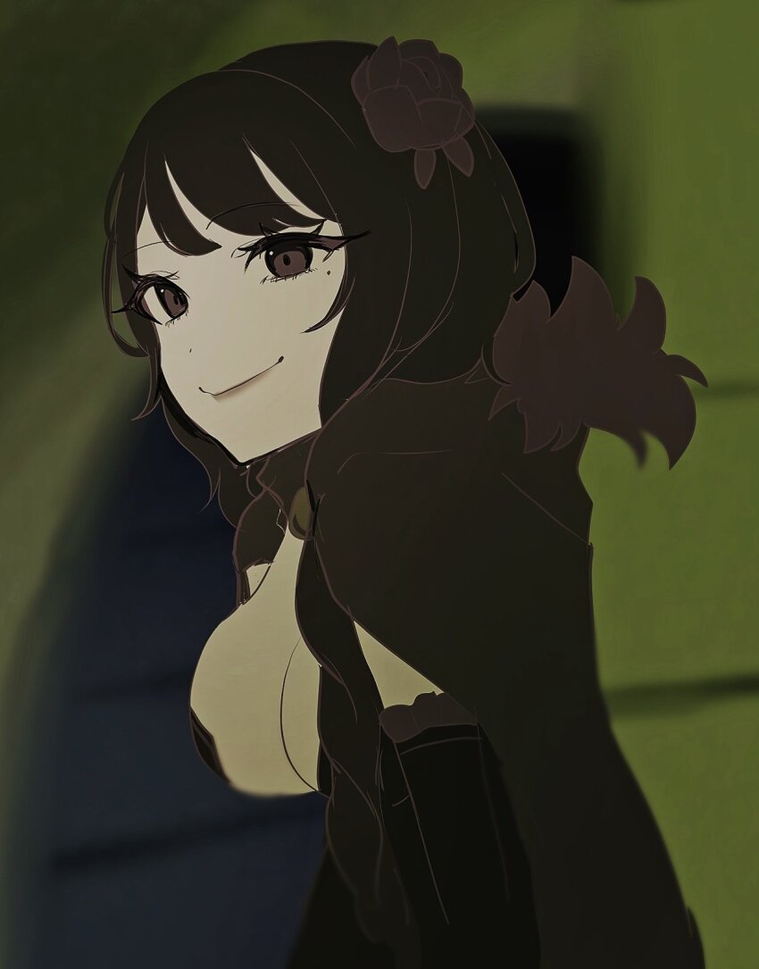 1girl black_hair braid braided_ponytail breasts cape cleavage detached_sleeves elsa_granhilte flower frilled_sleeves frills fur_trim hair_flower hair_ornament large_breasts long_hair mole mole_under_eye purple_eyes purple_flower purple_rose re:zero_kara_hajimeru_isekai_seikatsu rose smile solo