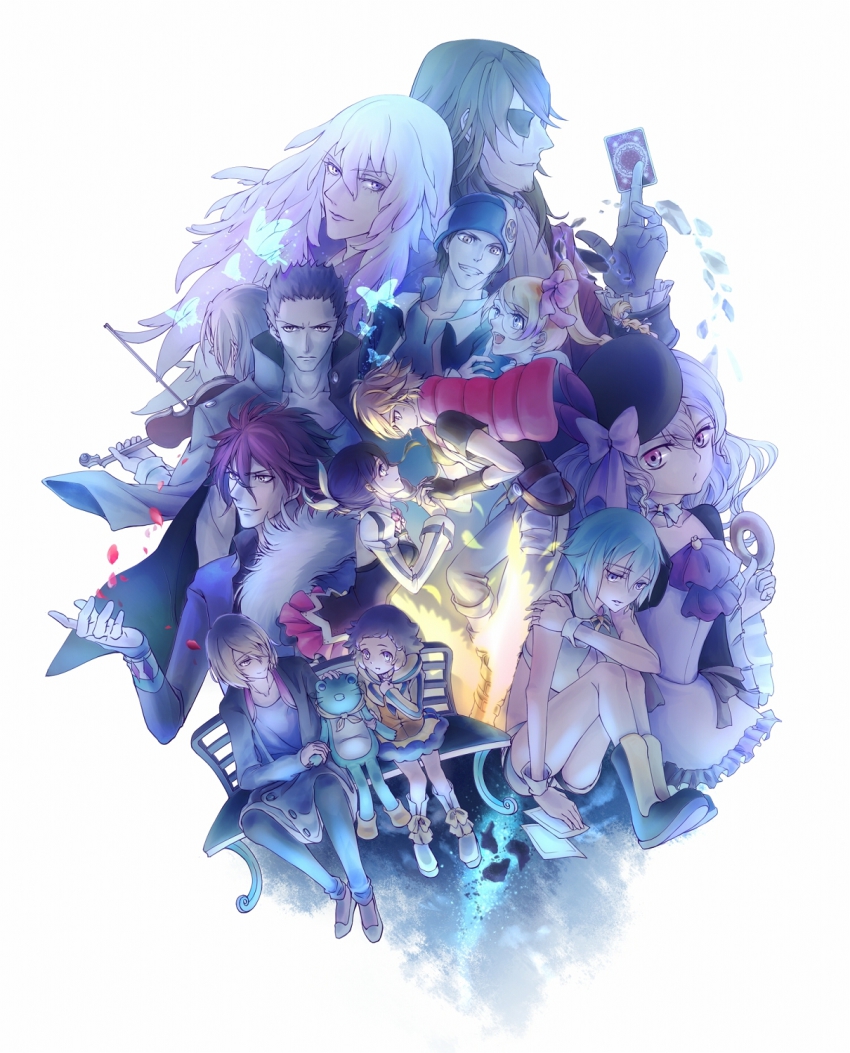 10s 5girls 6+boys amata_sora andy_w_hall aquarion_(series) aquarion_evol bow bug butterfly card cayenne_suzushiro crea_dorosera dress eyepatch fudou_zen glasses gloves green_hair hat highres bug instrument jin_musou kagura_demuri kino707 mikono_suzushiro mix_(aquarion) multiple_boys multiple_girls orange_hair purple_hair red_hair shrade_elan towano_mykage violin wings yunoha_thrul zessica_wong