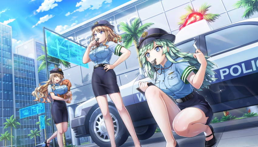 3girls animal belt blowing_whistle blue_eyes breasts brown_hair car closed_eyes collared_shirt dog dolphin_wave game_cg green_hair hand_on_own_hip hat heart heart-shaped_eyes highres holding holding_animal holding_dog holding_whistle japan_national_police kirahoshi_kanna kishimen_hair large_breasts long_hair medium_breasts motor_vehicle multiple_girls non-web_source official_art ootomo_takuji police police_car police_hat police_uniform policewoman purple_eyes selena_lewis shirt short_sleeves skirt suminoe_shion wavy_hair whistle