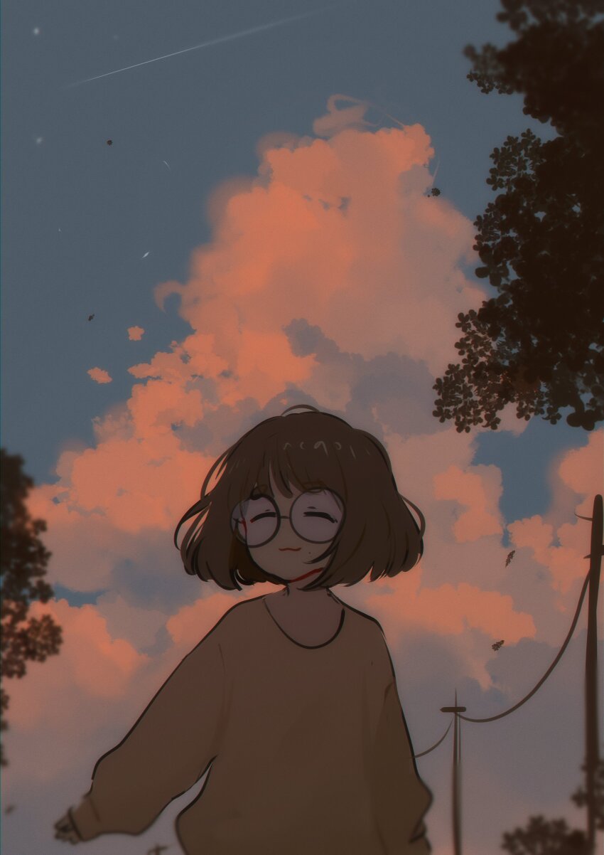 1girl absurdres blurry brown_hair closed_eyes cloud commentary creator_(neneneqo) evening glasses highres leaf long_sleeves medium_hair neqo_(neneneqo) original sleeves_past_wrists smile solo sweater symbol-only_commentary tree upper_body utility_pole yellow_sweater