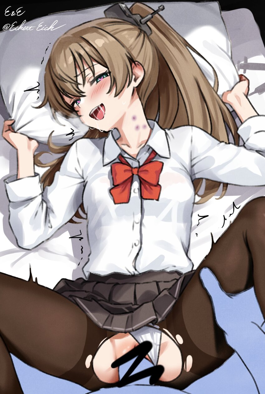 1boy 1girl :d absurdres bed_sheet black_pantyhose black_skirt blue_eyes blush bow bowtie breasts brown_hair censored clothing_aside collarbone collared_shirt commentary_request commission dress_shirt drugged eckert&amp;eich feet_out_of_frame hair_between_eyes hands_up heart heart_in_eye hetero highres kantai_collection kumano_(kancolle) leg_grab long_hair long_sleeves looking_at_viewer loose_bowtie lying miniskirt motion_lines on_back on_bed open_mouth panties panties_aside pantyhose penis pillow pillow_grab pleated_skirt ponytail pov pussy red_bow red_bowtie saliva saliva_trail scribble_censor sex shirt sidelocks signature skeb_commission skirt small_breasts smile solo_focus spread_legs symbol_in_eye syringe teeth torn_clothes torn_pantyhose track_marks twitter_username underwear upper_teeth_only vaginal white_panties white_shirt